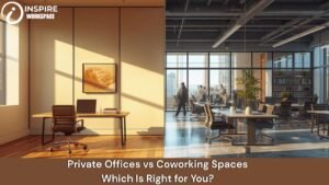 Split view showing a private office on one side and a modern coworking space on the other, comparing two workspace options for businesses.