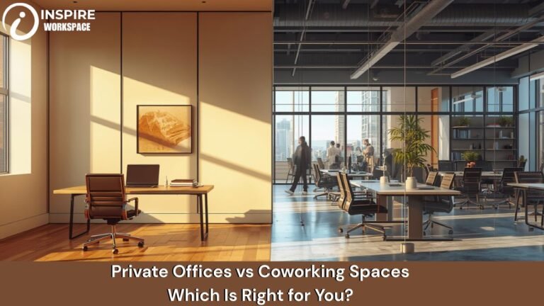 Split view showing a private office on one side and a modern coworking space on the other, comparing two workspace options for businesses.