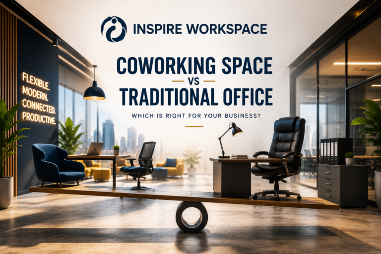 Co-working space vs traditional office comparison showing flexible workspaces, private cabins, and modern office facilities.