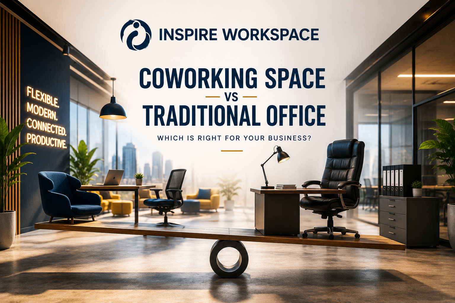 Co-working space vs traditional office comparison showing flexible workspaces, private cabins, and modern office facilities.