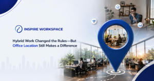 Office location in hybrid work with employees working in a modern workspace