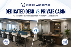 Dedicated desk vs private cabin in a modern coworking office space, comparing workspace options for teams and budgets