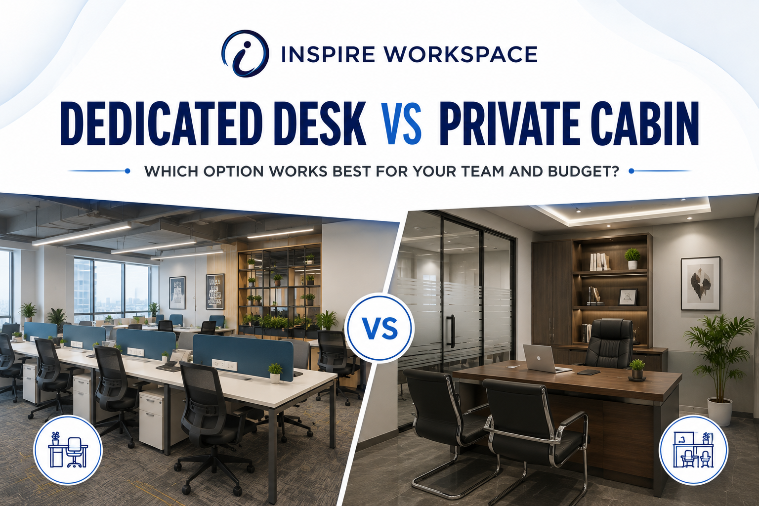 Dedicated desk vs private cabin in a modern coworking office space, comparing workspace options for teams and budgets