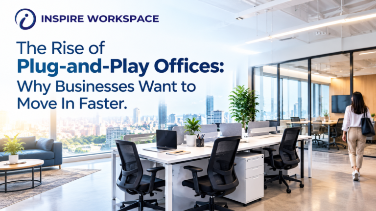 Modern plug-and-play office space with furnished workstations, ergonomic chairs, glass meeting rooms and a bright professional interior