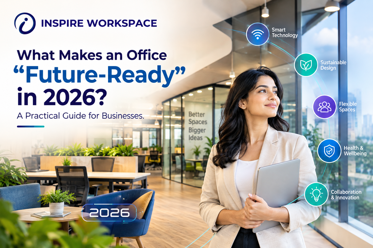 Future-ready office in 2026 featuring smart technology, flexible workspaces and modern office facilities